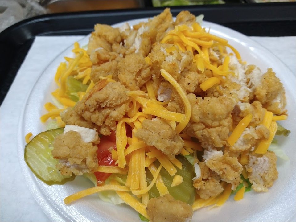 Comfort food plate served at the counter.