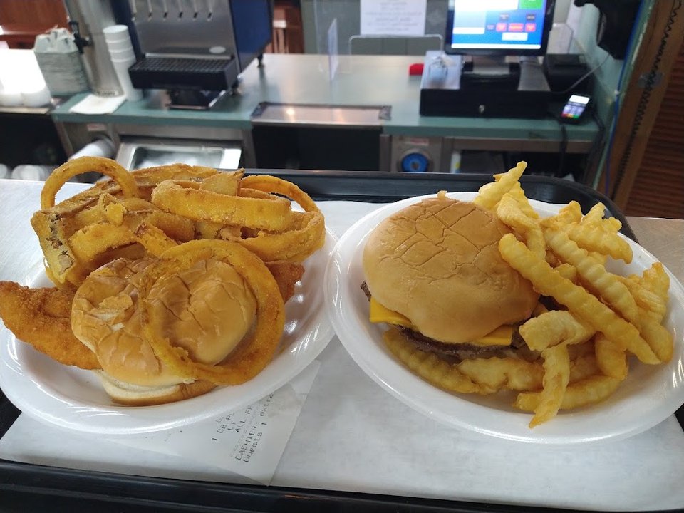 Cheeseburger plate with slaw and onion rings.