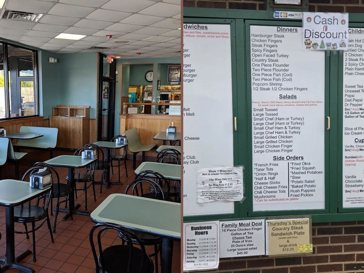 Casual restaurant exterior with parking nearby.